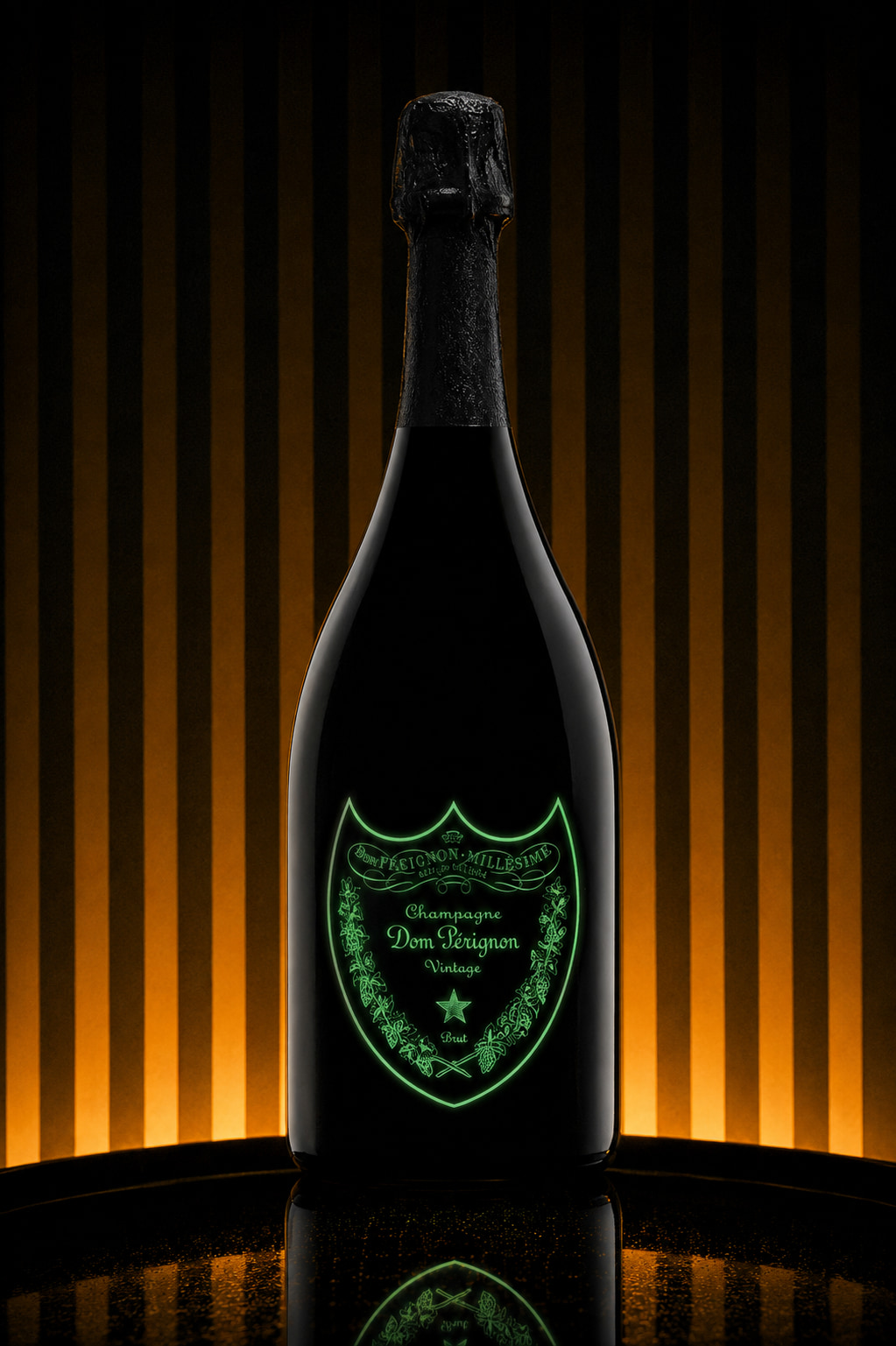Une bouteille de Dom Pérignon Luminous, étiquette rétroéclairée