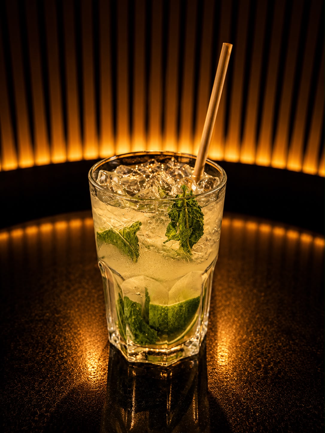 Un mojito sur glace pilée, menthe fraîche et quartiers de citron vert