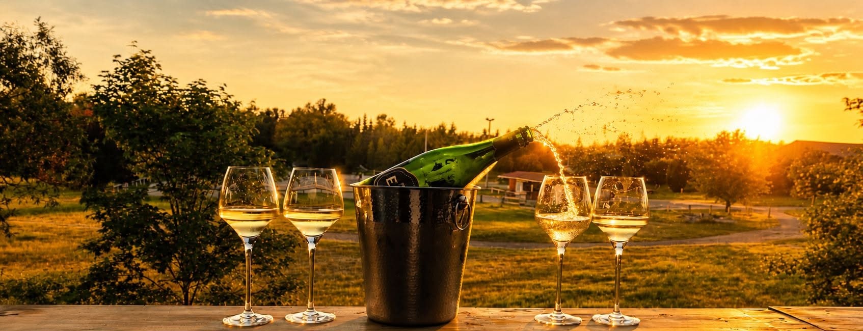 La terrasse de L'Écrin au coucher du soleil, champagne au frais et verres servis face à la campagne