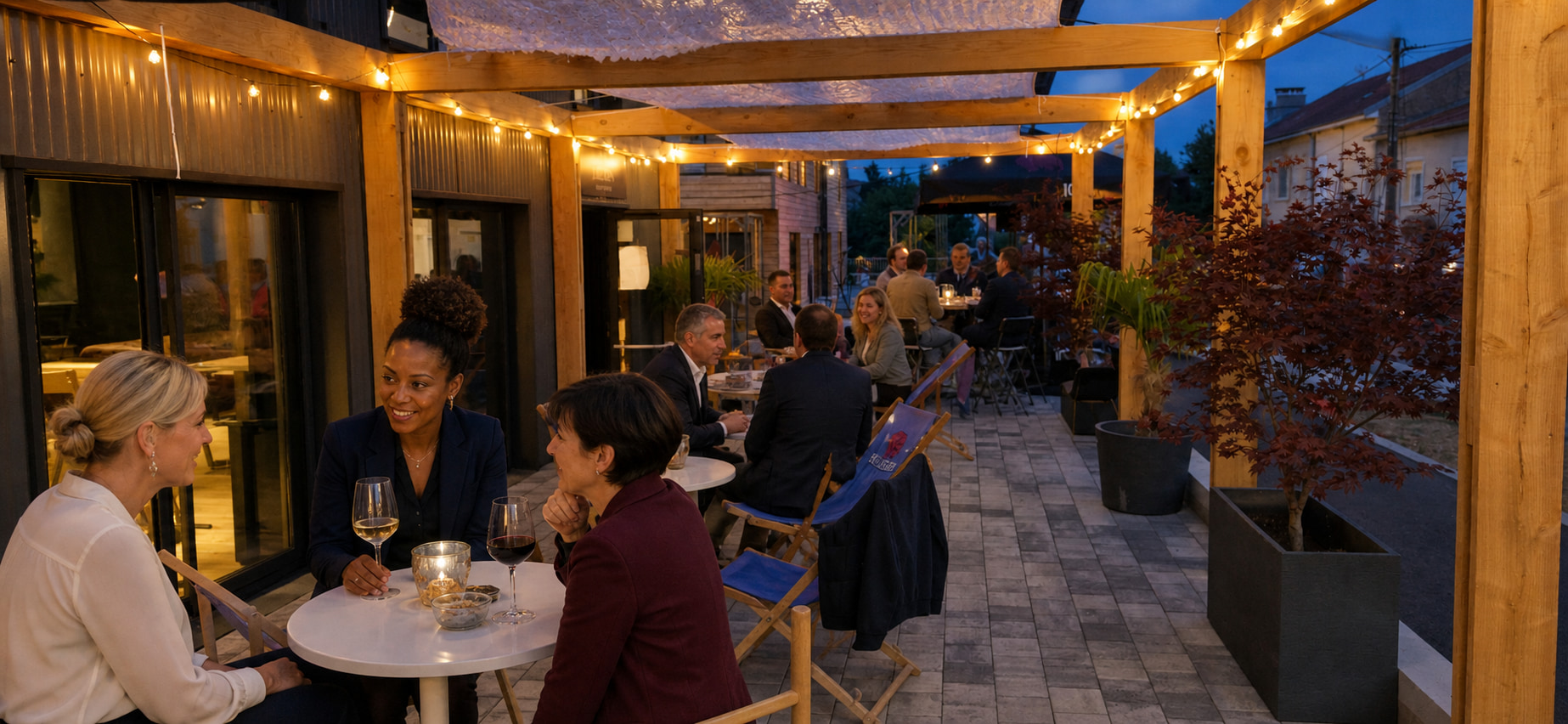 La terrasse de L'Écrin sous les guirlandes lumineuses
